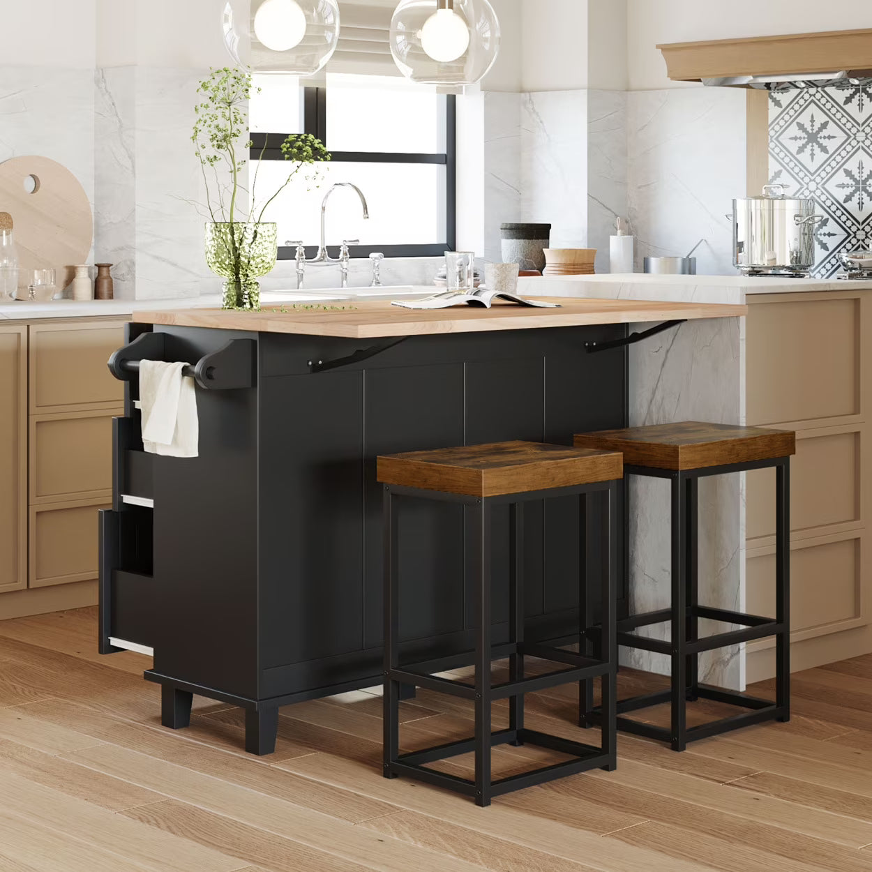 3 Pieces Farmhouse Style Kitchen Island Set with 2 Dining Stools, Kitchen Island with Adjustable Shelf, 4 Drawers, 2-Door Cabinet, Towel Rack & Rubber Wood Tabletop, Blue
