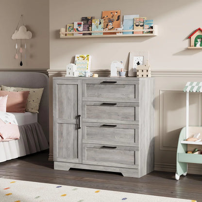 Ataucjin Wood Armoire Wardrobe Closet with 4 Drawers and Door, 43.3" H Bedroom Wardrobe Cabinet with Hanging Rod, Clothing Storage Cabinets, 4 Drawers Dresser with Storage Closet