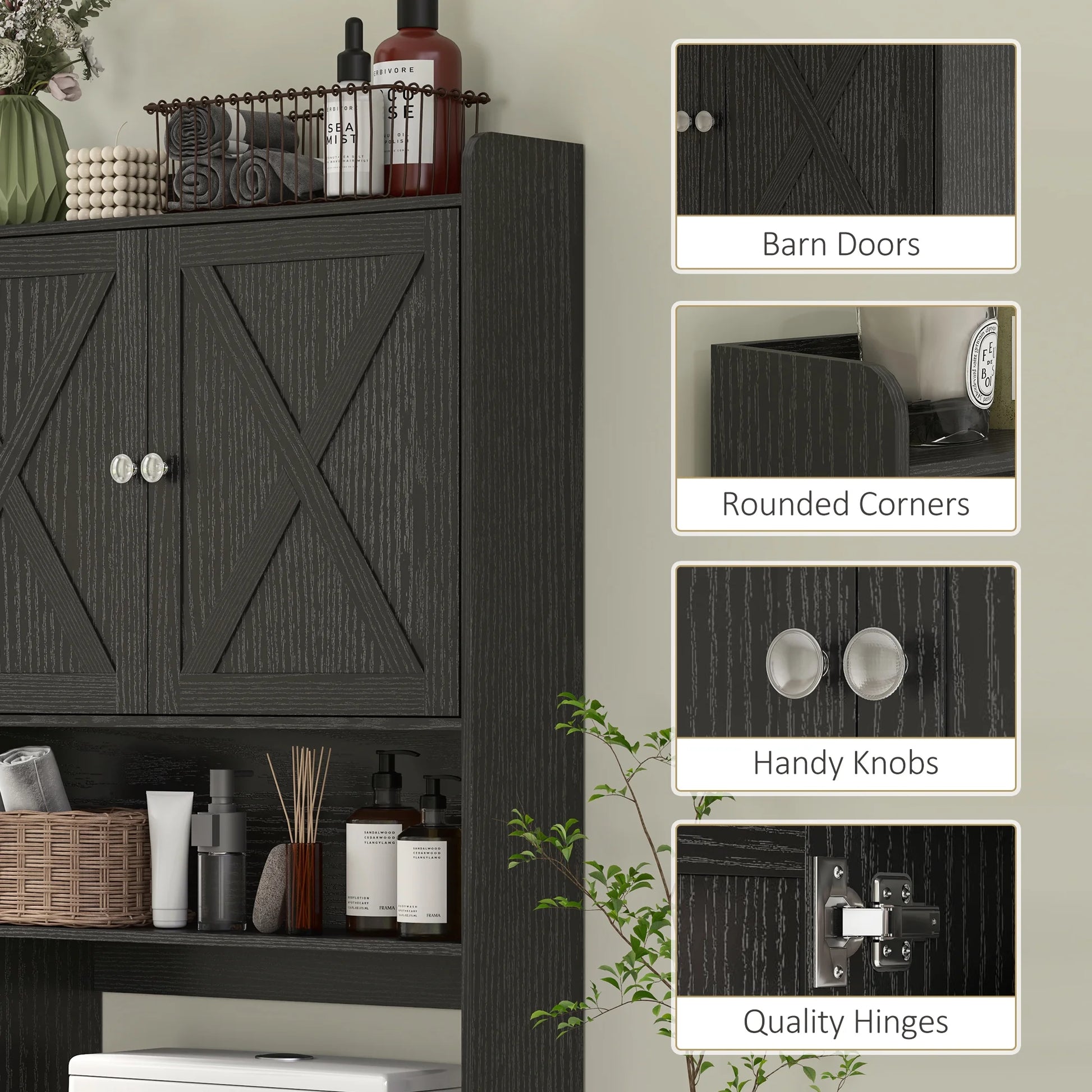 HOMCOM Over the Toilet Storage Cabinet, Farmhouse Above Toilet Bathroom Organizer with Barn Doors, Adjustable Shelf, Toilet Paper Holder, Black