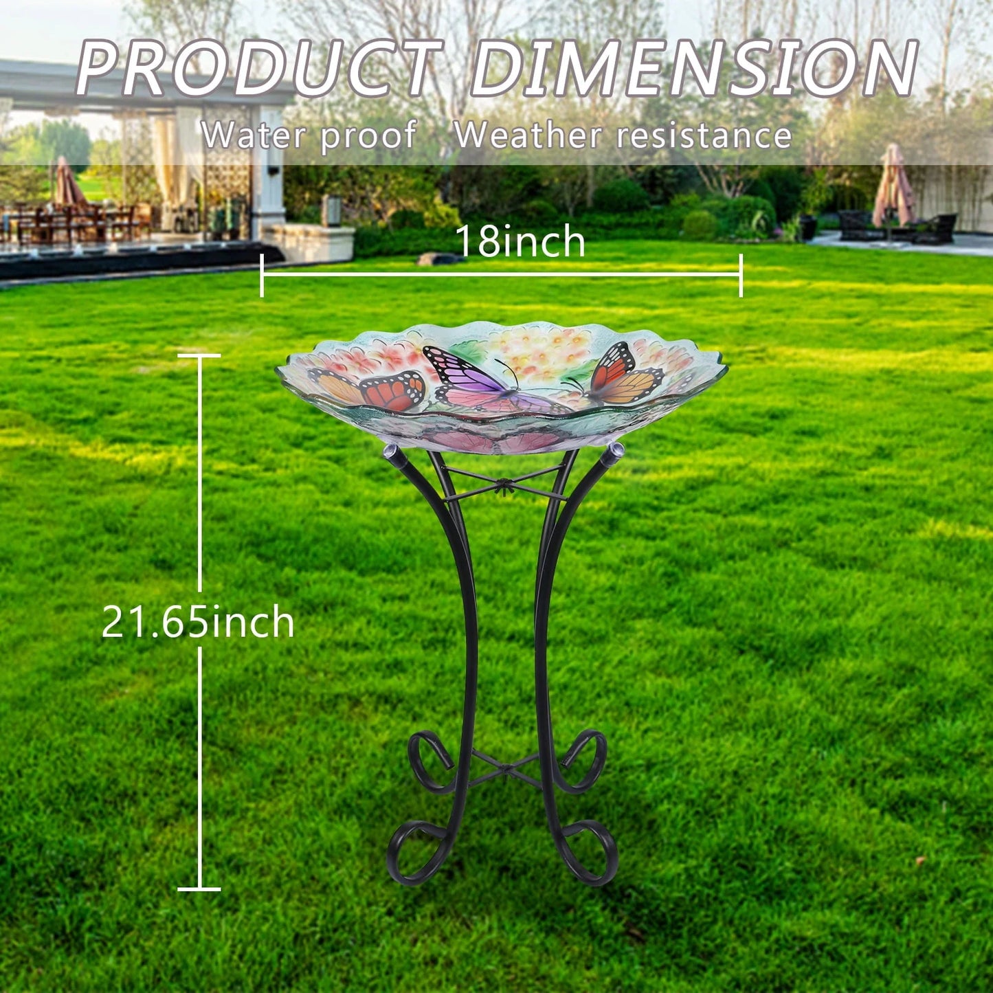 Glass Birdbath with Metal Stand Outdoor for Lawn Yard Garden Butterfly Decor, 18°?Dia 21.65°?Height