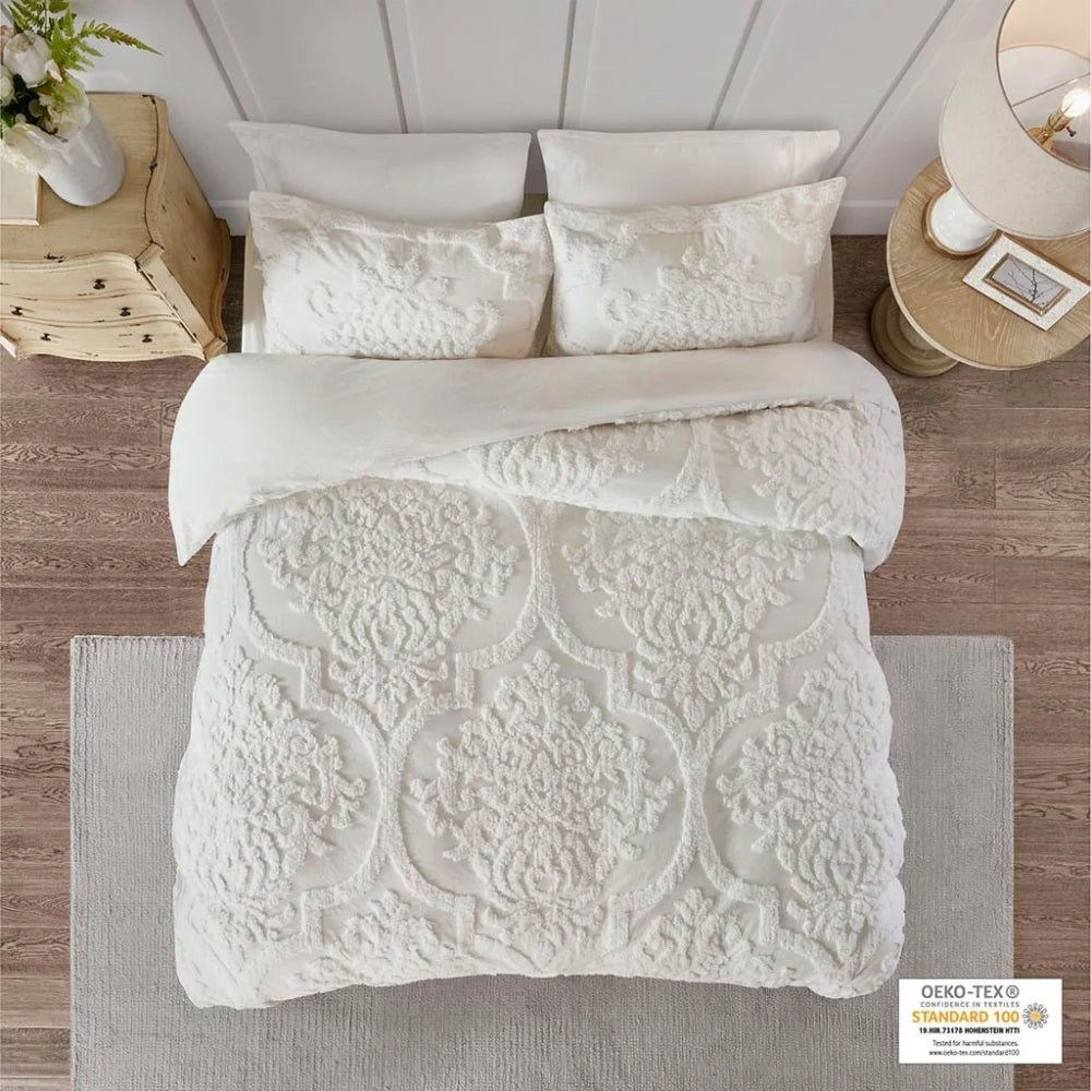 3 Piece Set Duvet Cover King Size, Soft Tufted Cotton Chenille Duvet Cover Set with 2 Pillow Shams and Corner ties, Breathable Bedding Comforter Cover for All Season, Off White
