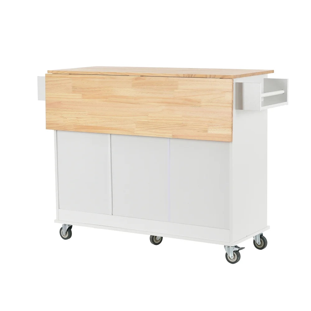Kitchen Island Cart with Drop-Leaf Tabletop and Locking Wheels, 52.7" Large Kitchen Trolley Cart with 2 Door Cabinet and 3 Storage Drawers, Spice Rack Towel Rack, Rolling Kitchen Island Cart, White