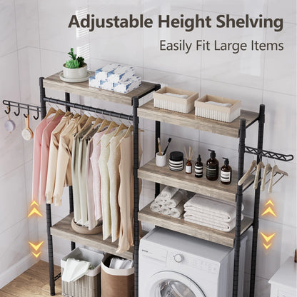 5 Tier Wood Over The Washer and Dryer Storage Shelf, Adjustable Height Laundry Drying Clothes Racks Bathroom Shelf