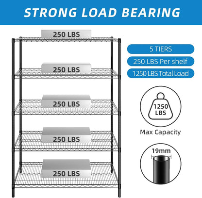 5-Tier Wire Storage Shelves, Adjustable Metal Heavy Duty Storage Rack for Office, Kitchen, Bedroom, Bathroom, Laundry, Pantry Basement, Garage, Black