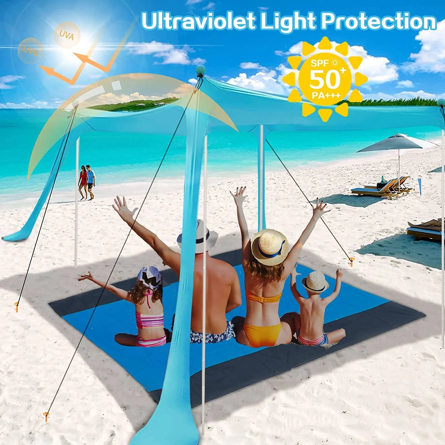 Beach Canopy Beach Tent 11X11 FT Include Beach Blanket Beach Shade Canopy UPF50+ Sun Protection Windproof Ropes 4 Poles Carry Bag Easy to Set Up for Outdoor Camping