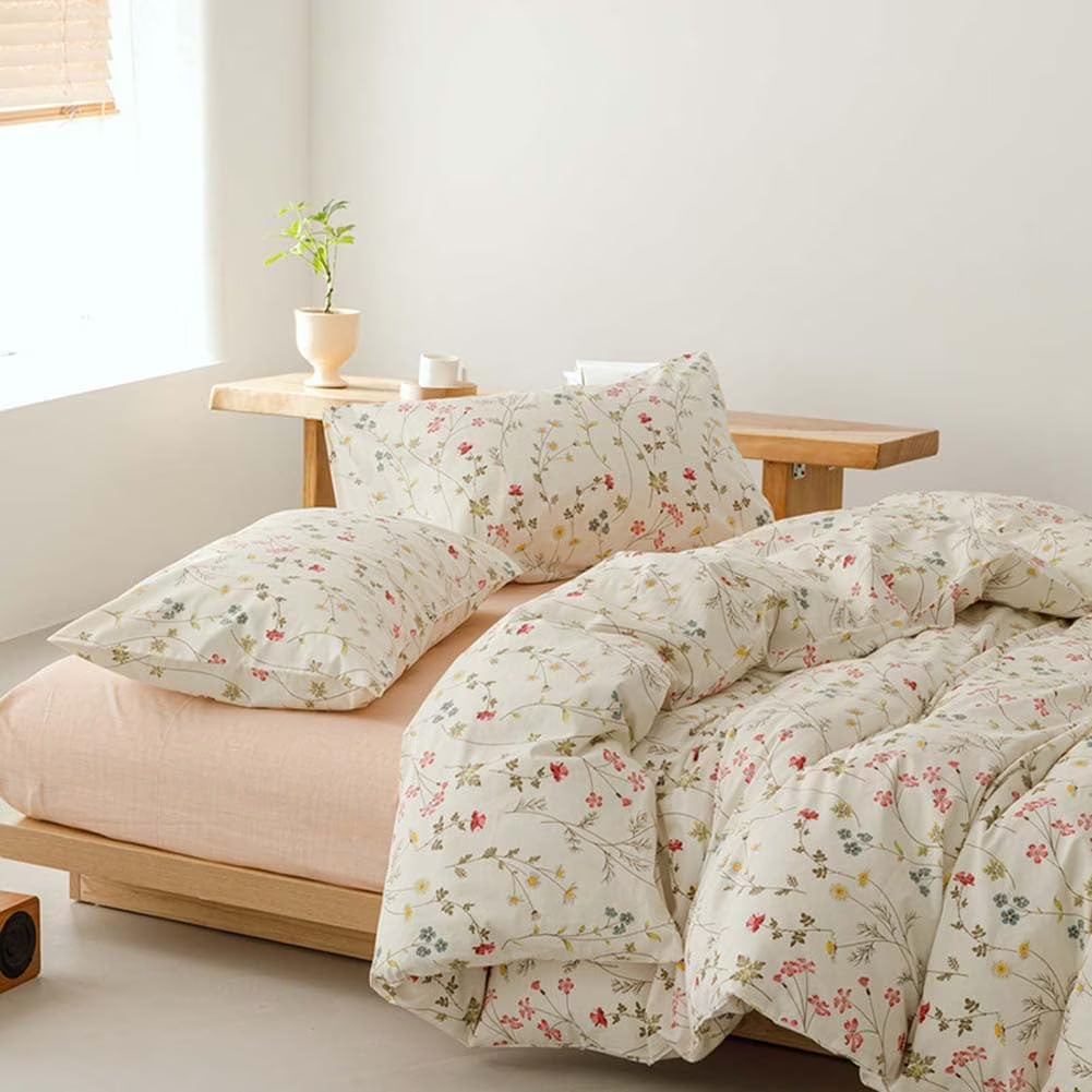100% pure cotton flower duvet cover with large flower leaves printed on milky white duvet cover, 3 soft and breathable spring bedding items with zipper