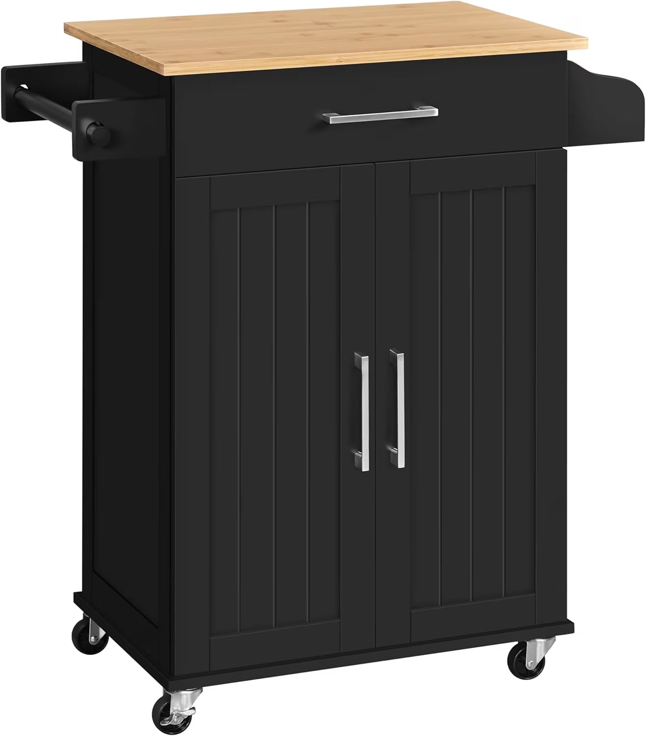 HXYHJ Kitchen Island on Wheels with Storage Cabinet, Rolling Kitchen Cart with Bamboo Top & Drawer & Spice Rack Towel Bar, Microwave Stand Cart for Kitchen/Dining Room, Black