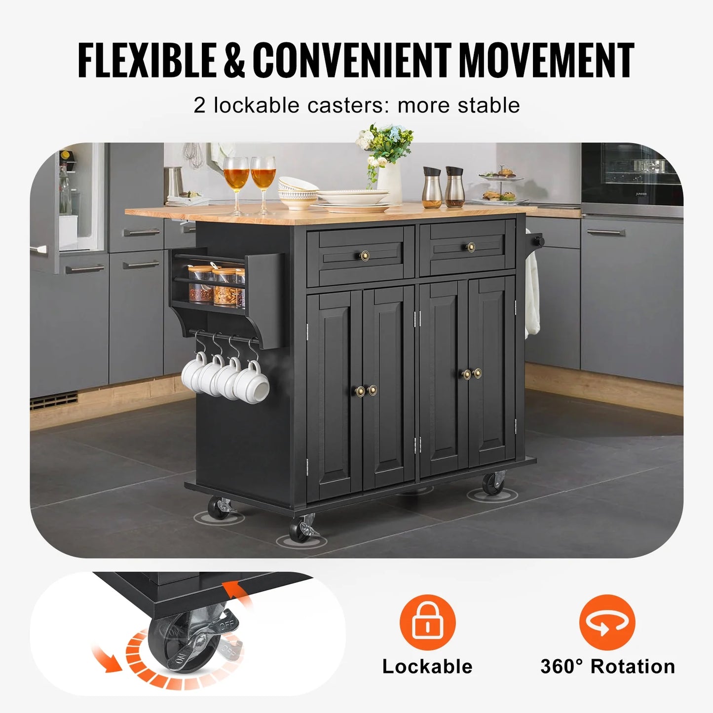 VEVOR Kitchen Island Cart, 43" Wood Top Mobile Carts with Storage Cabinet, Rolling Table with Drop Leaf, Spice Rack, Towel Bar, Adjustable Shelf, Drawer, and Hooks, Portable Islands on Wheels, Black
