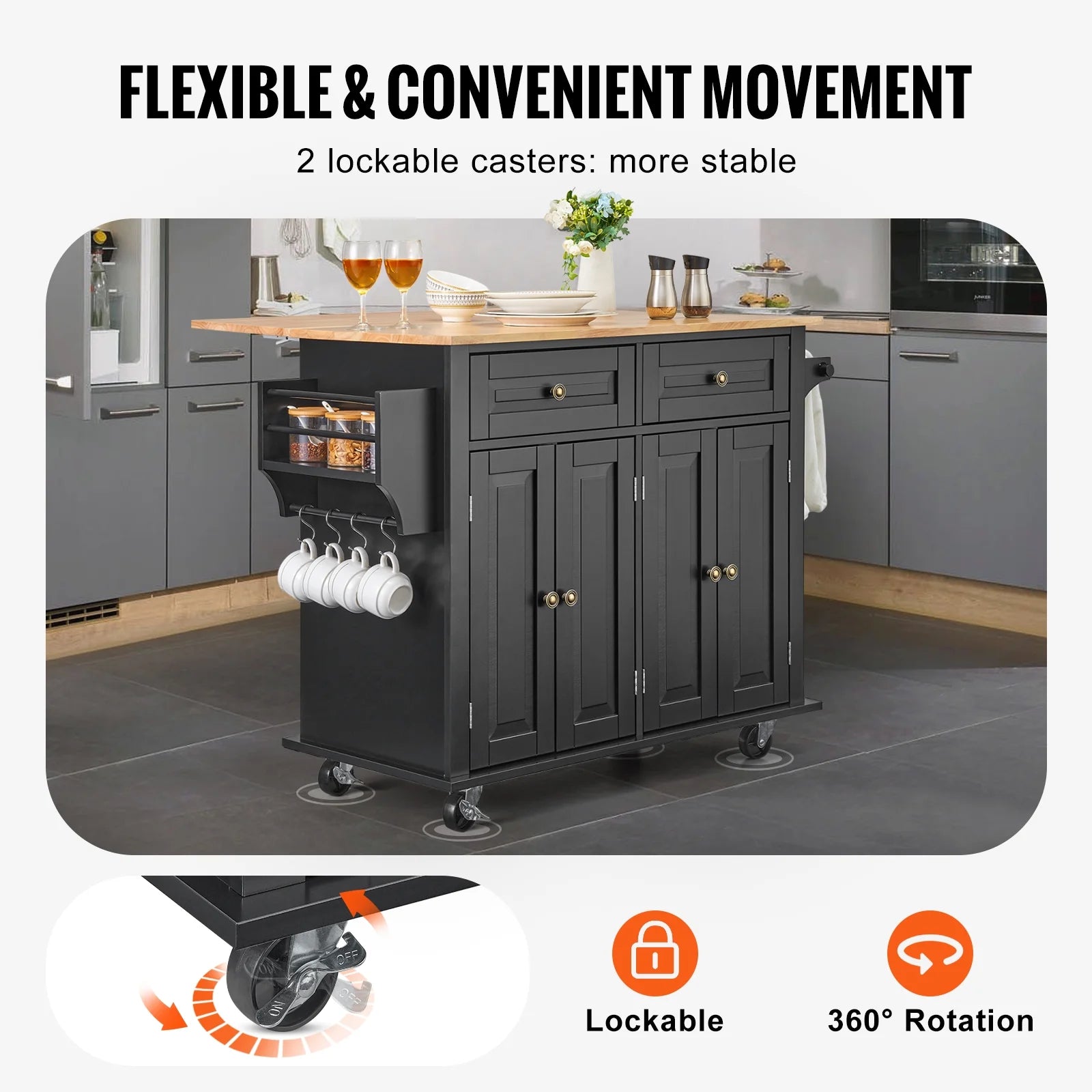 VEVOR Kitchen Island Cart, 43" Wood Top Mobile Carts with Storage Cabinet, Rolling Table with Drop Leaf, Spice Rack, Towel Bar, Adjustable Shelf, Drawer, and Hooks, Portable Islands on Wheels, Black