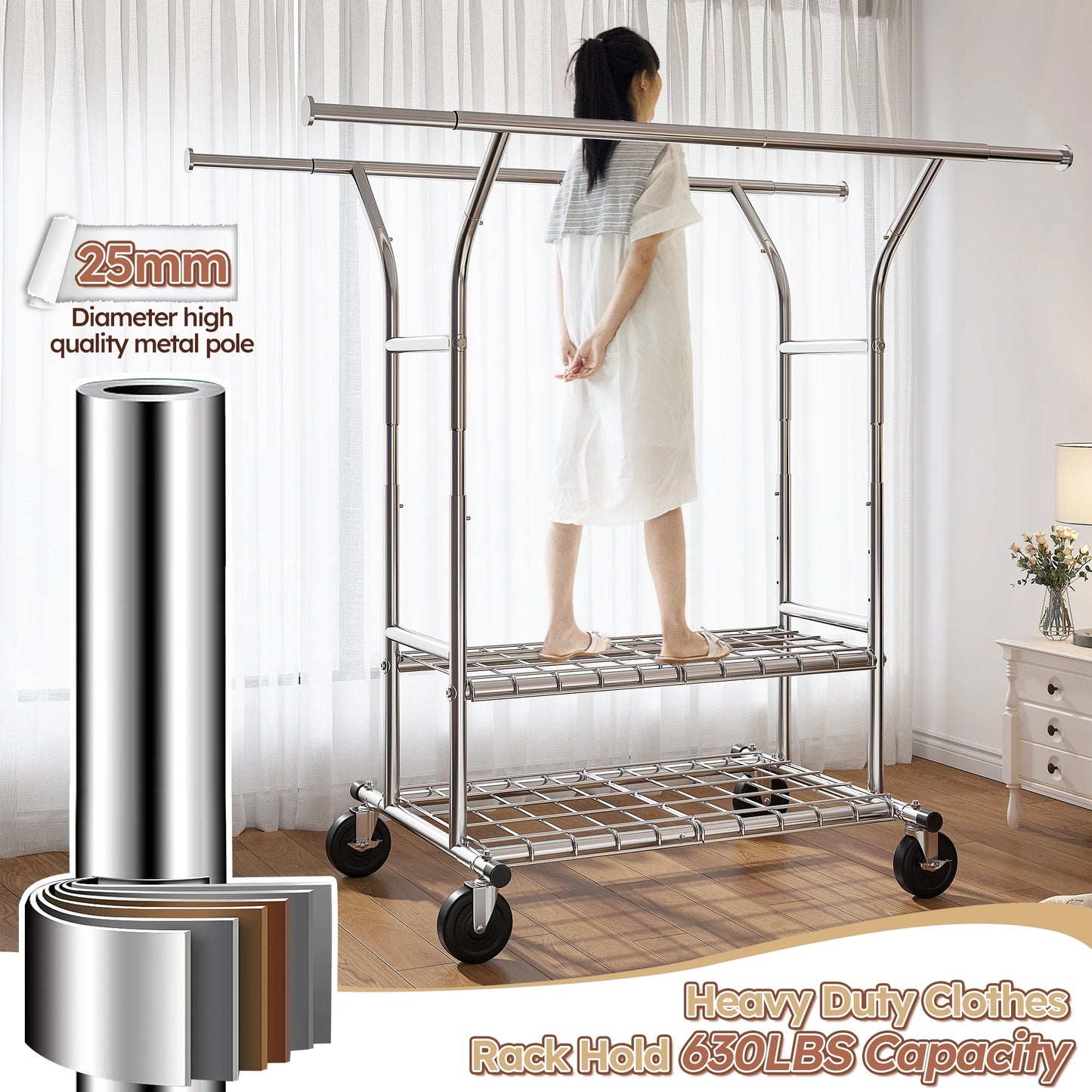 Clothes Rack with Wheels, Heavy-Duty Garment Rack for Hanging Clothes, Adjustable Freestanding Wardrobe Organizers and Storage with Double Sheves