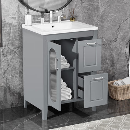 Soges 24" Bathroom Vanity with Ceramic Sink, Solid Wood Bathroom Makeup Cabinet with Door, Adjustable Shelf and 2 Drawer, Free Standing Single Basin Vanity Set for Small Bathroom, White