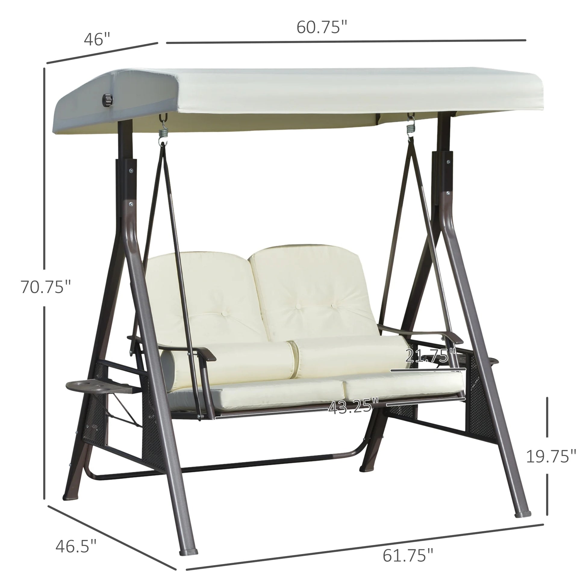Outsunny 2-Person Patio Swing Bench with Adjustable Shade Canopy, Soft Cushions, Throw Pillows and Tray, Beige.