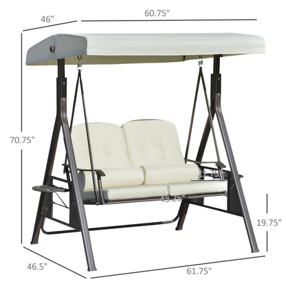 Outsunny 2-Person Patio Swing Bench with Adjustable Shade Canopy, Soft Cushions, Throw Pillows and Tray, Beige.