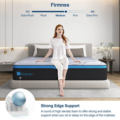 Avenco Queen Size Firm, 12-Inch Hybrid Mattress in a Box, Innerspring and Gel Memory Foam, Gray, Pillow Top
