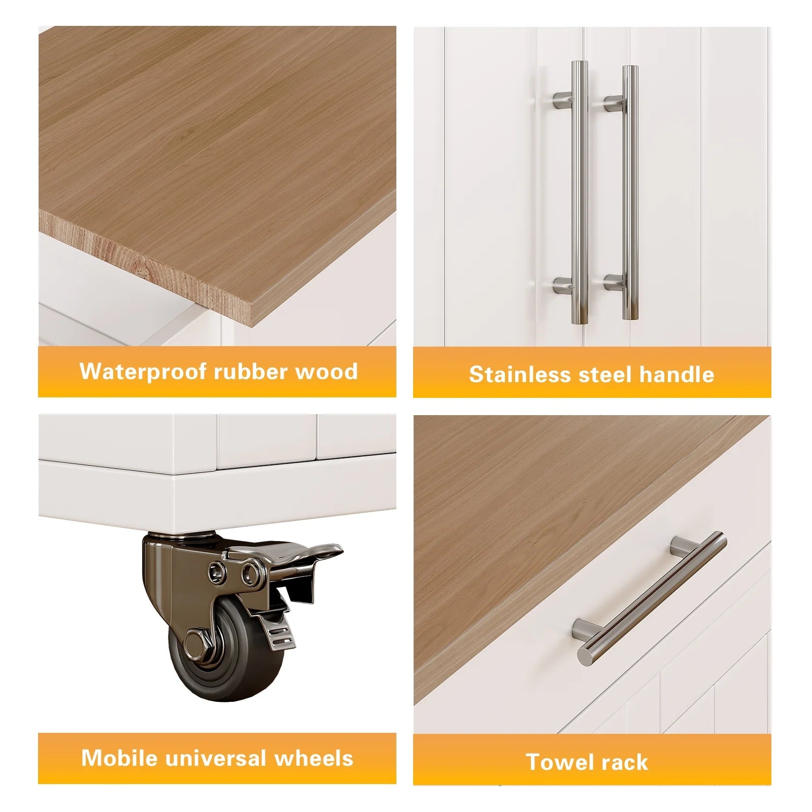 Pingliang Home Rolling Kitchen Storage Carts with Towel Rack and Drawers, Kitchen Island with Wheel,Rubberwood,White, 35"