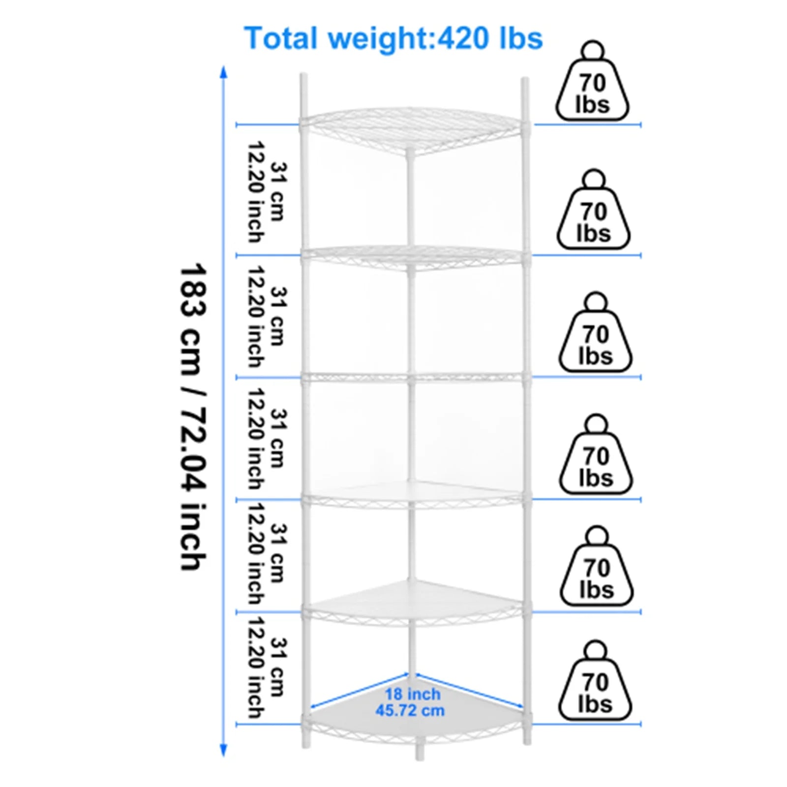 6 Tier Corner Storage Shelves, Wire Shelving Unit, Adjustable Metal Heavy Duty Free Standing Corner Storage Display Chrome Rack for Laundry Bathroom Kitchen Pantry Closet, Chrome