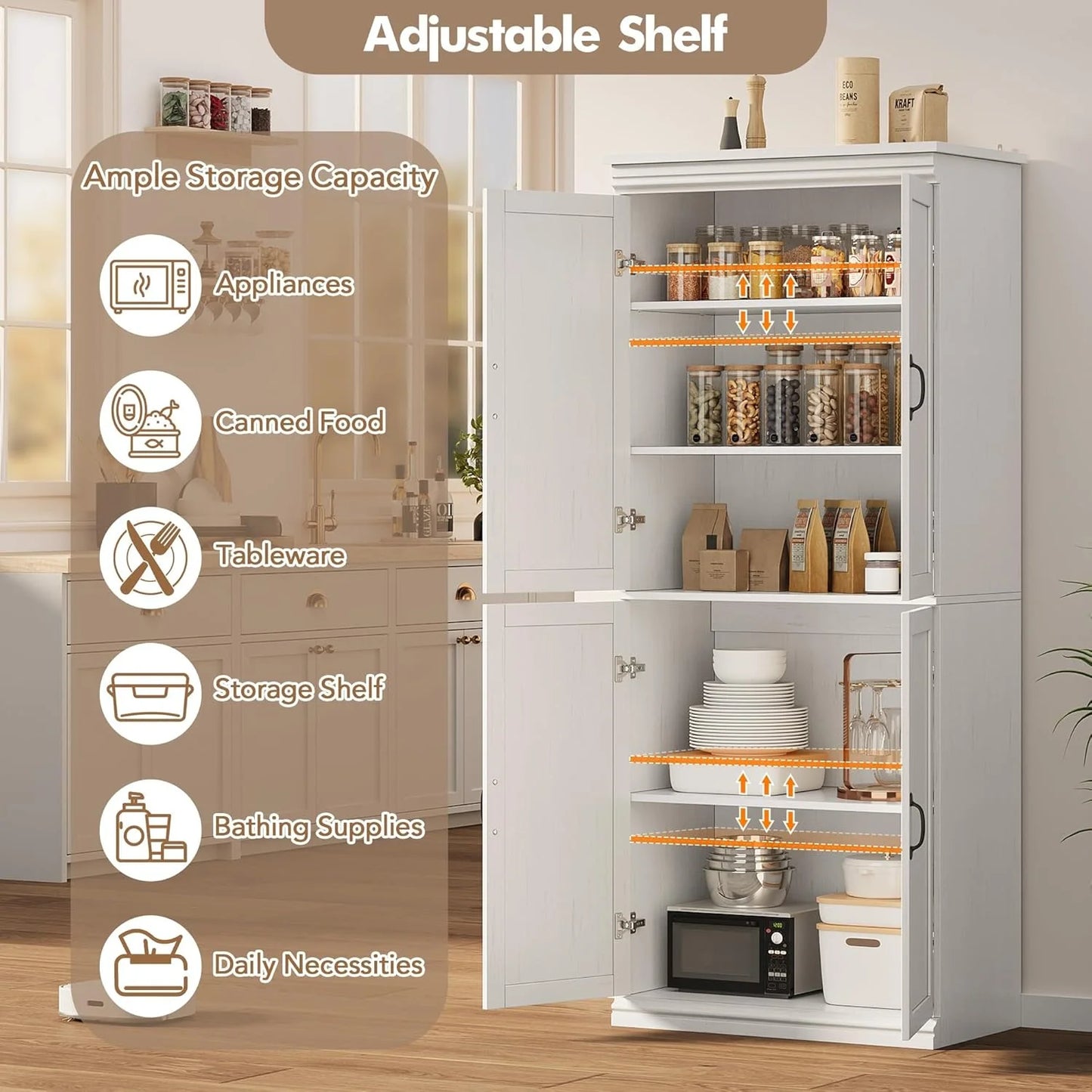 Ataucjin 70" Tall Kitchen Pantry Cabinet, Freestanding Cupboard Kitchen Pantry Storage Cabinet, Freestanding Cupboard with Doors and Adjustable Shelves, for Bathroom, Dining Room, Living Room