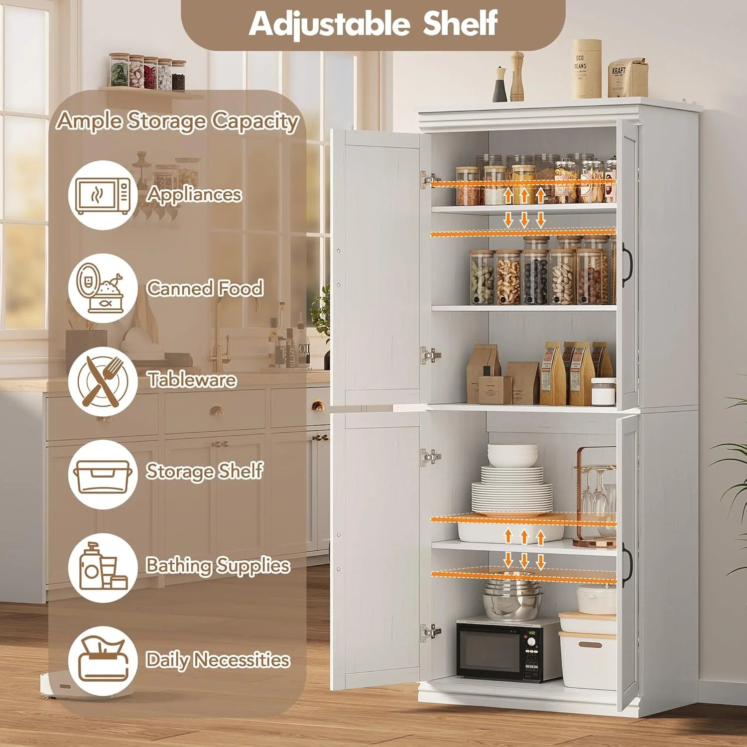 Ataucjin 70" Tall Kitchen Pantry Cabinet, Freestanding Cupboard Kitchen Pantry Storage Cabinet, Freestanding Cupboard with Doors and Adjustable Shelves, for Bathroom, Dining Room, Living Room