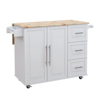Upgraded Kitchen Island Cart with Drop-Leaf Tabletop and Locking Wheels, 43.7" Kitchen Trolley Cart with 2 Door Cabinet & 3 Storage Drawers & Spice Rack & Towel Rack, Rolling Kitchen Island Cart White