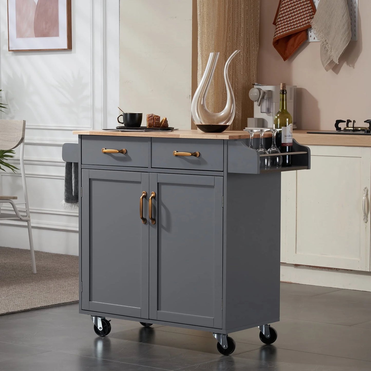 Ktaxon Rolling Trolley Cart Kitchen Island with Spice Rack, Towel Rack & Drawer, Wooden Storage Cabinet with Caster Wheels Gray