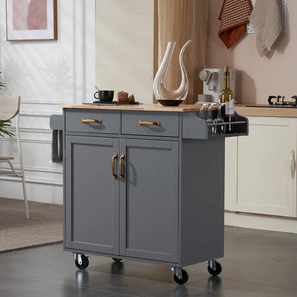 Ktaxon Rolling Trolley Cart Kitchen Island with Spice Rack, Towel Rack & Drawer, Wooden Storage Cabinet with Caster Wheels Gray