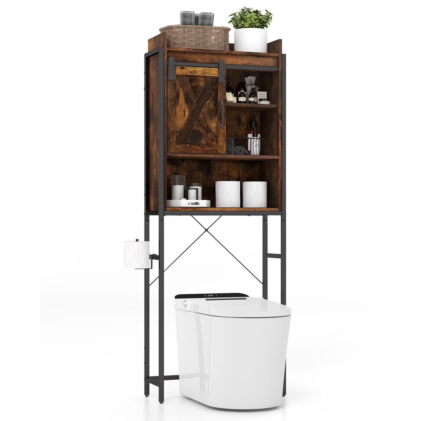 Topbuy Over The Toilet Storage Cabinet 4-Tier Bathroom Organizer w/Adjustable Shelves Sliding Barn Door & Toilet Paper Holder Rustic Brown