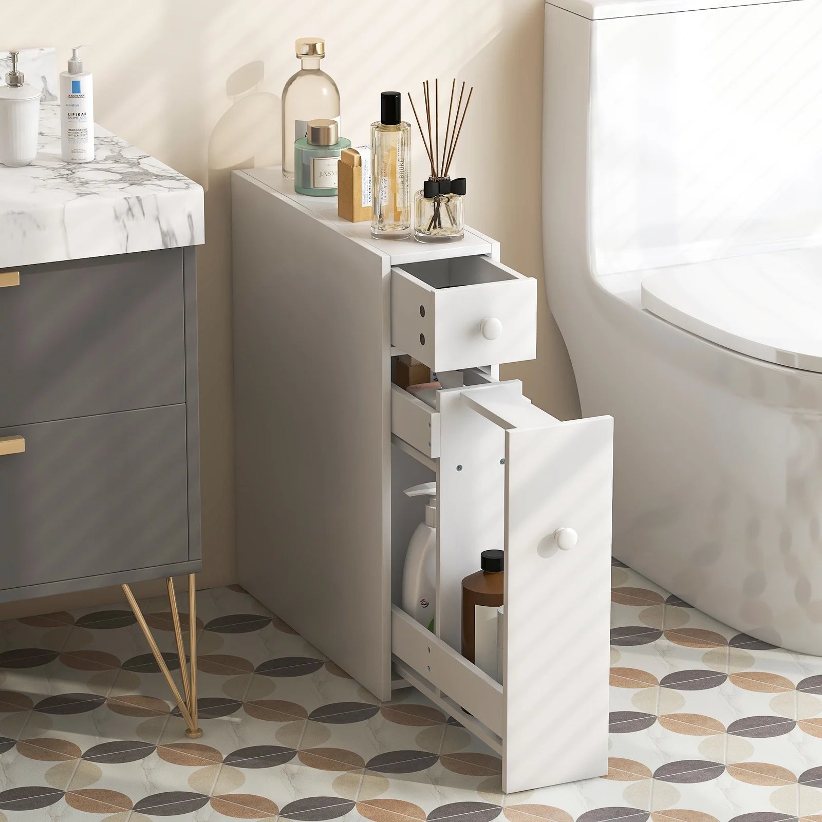 Topbuy Slim Bathroom Storage Cabinet Freestanding Toilet Paper Holder with Slide Out Drawers for Small Spaces White