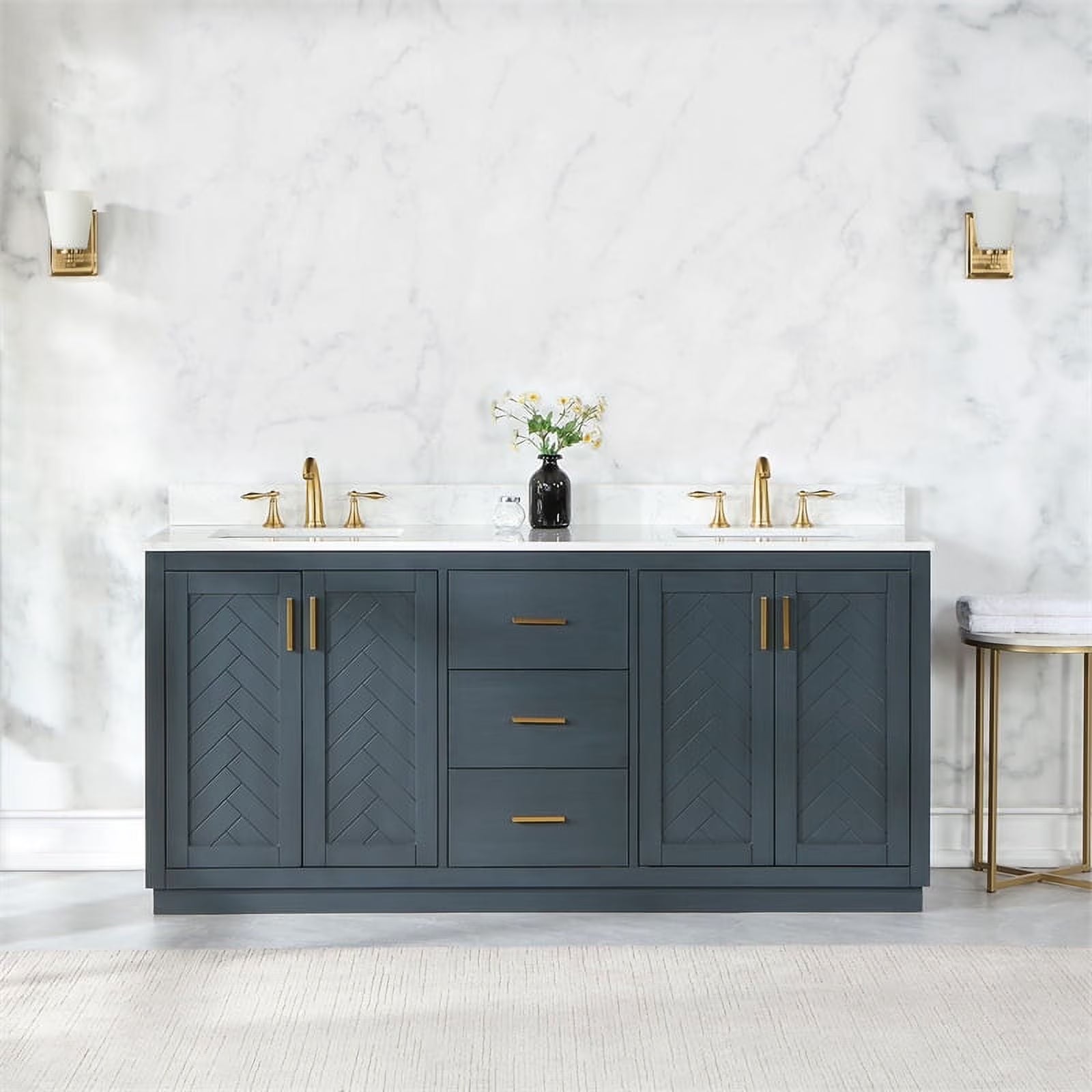 Gazsi 72" Double Bathroom Vanity Set in Black Oak with Grain White Composite Stone Countertop Without Mirror