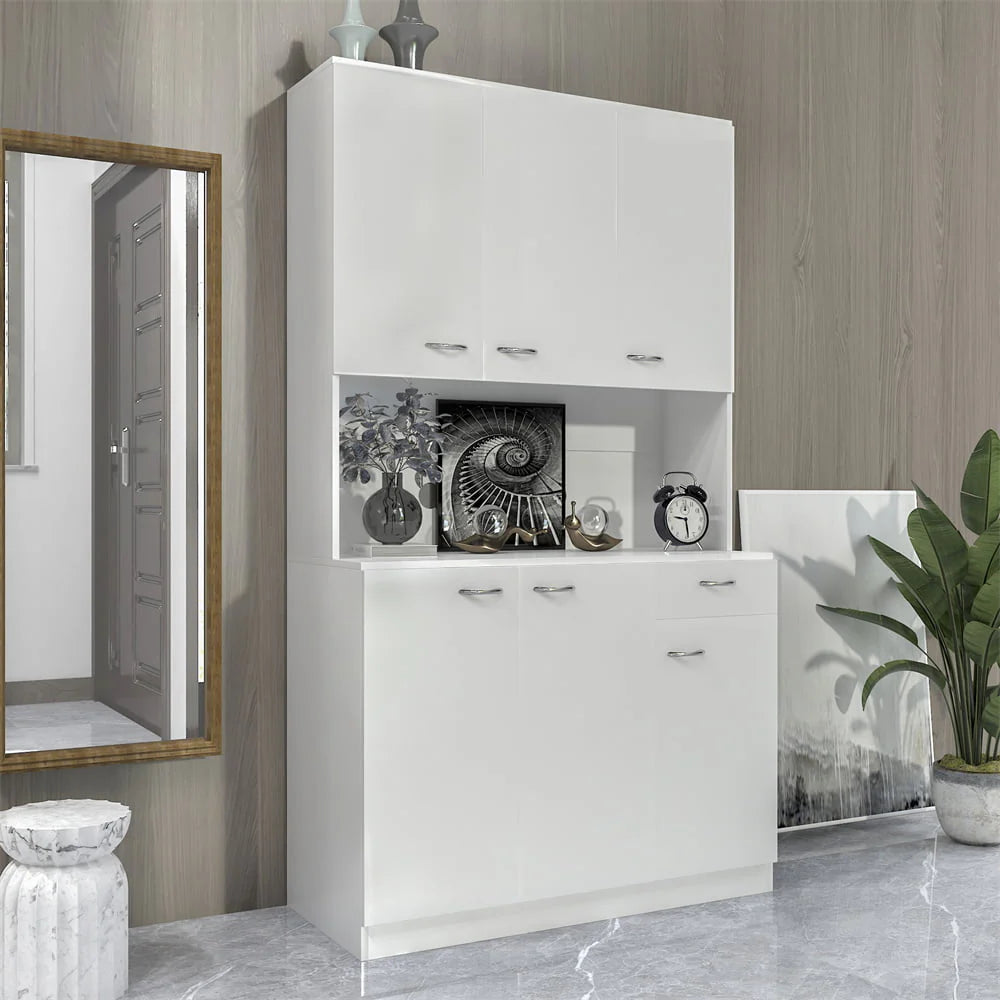70.87" Tall Wardrobe & Kitchen Cabinet, Freestanding Storage Cabinet with 6 Doors, 1 Open Shelves and 1 Drawer, Kitchen Pantry Cabinet Buffet Sideboard Cabinet with 2 Cable Holes for Bedroom, White