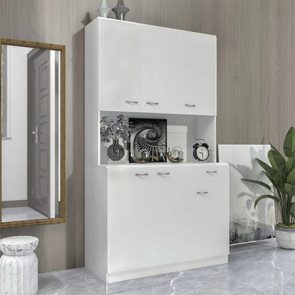 70.87" Tall Wardrobe & Kitchen Cabinet, Freestanding Storage Cabinet with 6 Doors, 1 Open Shelves and 1 Drawer, Kitchen Pantry Cabinet Buffet Sideboard Cabinet with 2 Cable Holes for Bedroom, White