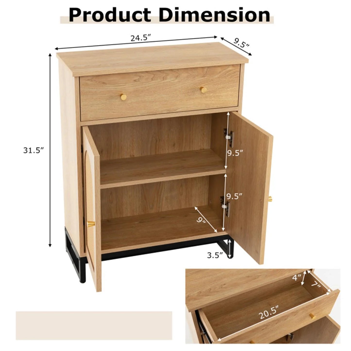 Finihen Accent Floor Storage Cabinet with Rattan Doors, Bathroom Cabinet with Large Drawer, Freestanding Storage Cabinet Organizer, Beige