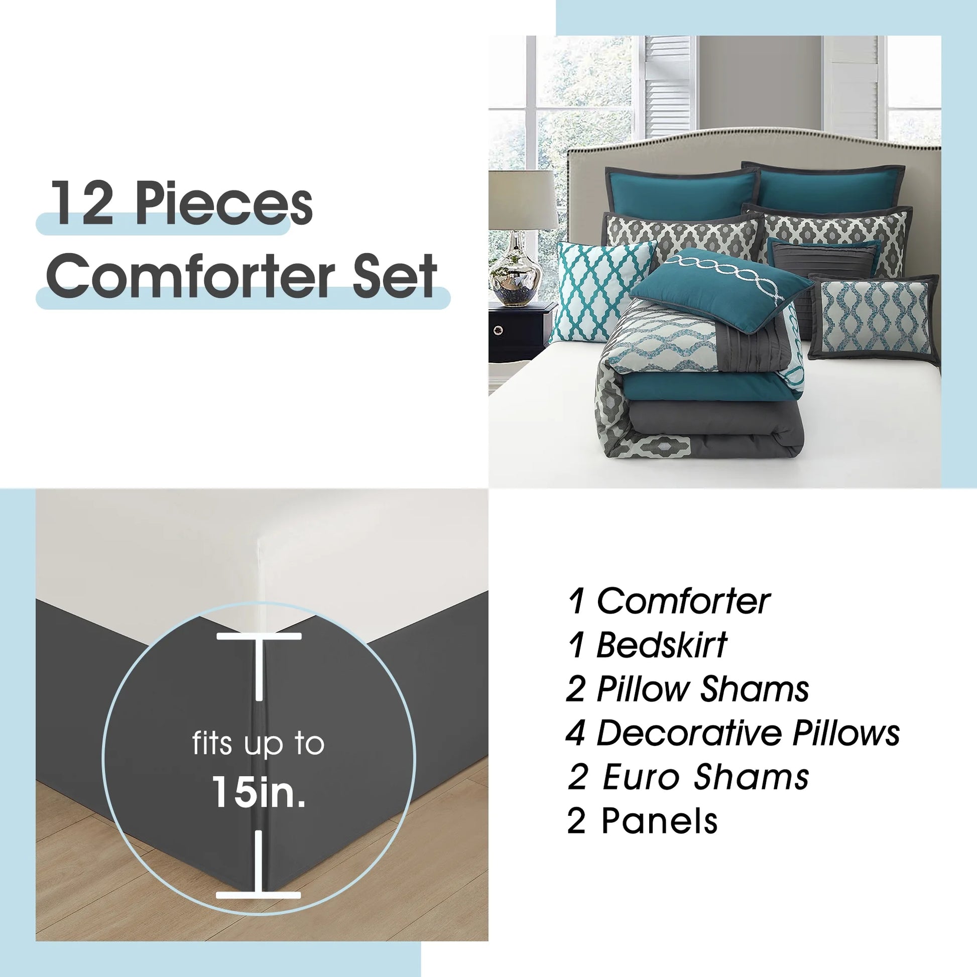 Lanco Geometirc Queen Blue Comforter Set, 12 Piece, Jacquard Bedding Comforters & Sets, Bedskirt, Pillows, Euro Shams & Curtains, Ultra-Soft