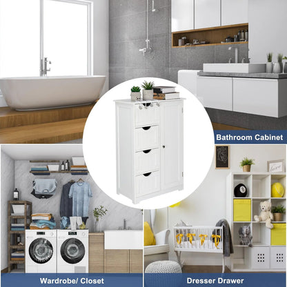 Ktaxon Wooden Bathroom Floor Cabinet,Side Storage Organizer Cabinet with 4 Drawers,1 Cupboard & 2-Shelves,MDF,White