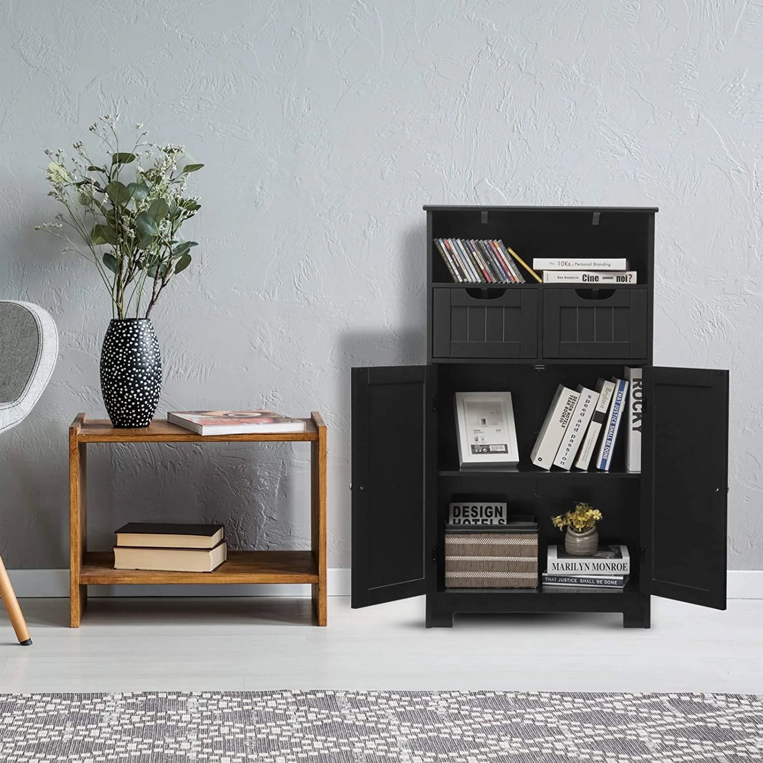 Giantex Multifunctional Floor Cabinet, Freestanding Bathroom Cabinet with Removable Drawers and Adjustable Shelf for Bathroom, Living Room, Bedroom or Entryway, 24 x 12 x 43 inches (Black)