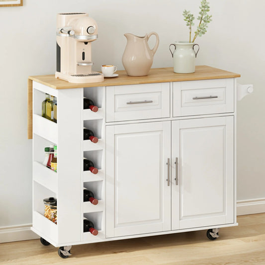 Movable Kitchen Island Cart with 2 Door Cabinet, 2 Drawers and Drop Leaf Top, Island Table with Spice Rack, Towel Holder, Wine Rack and Wheels, Kitchen Storage Cabinet, White