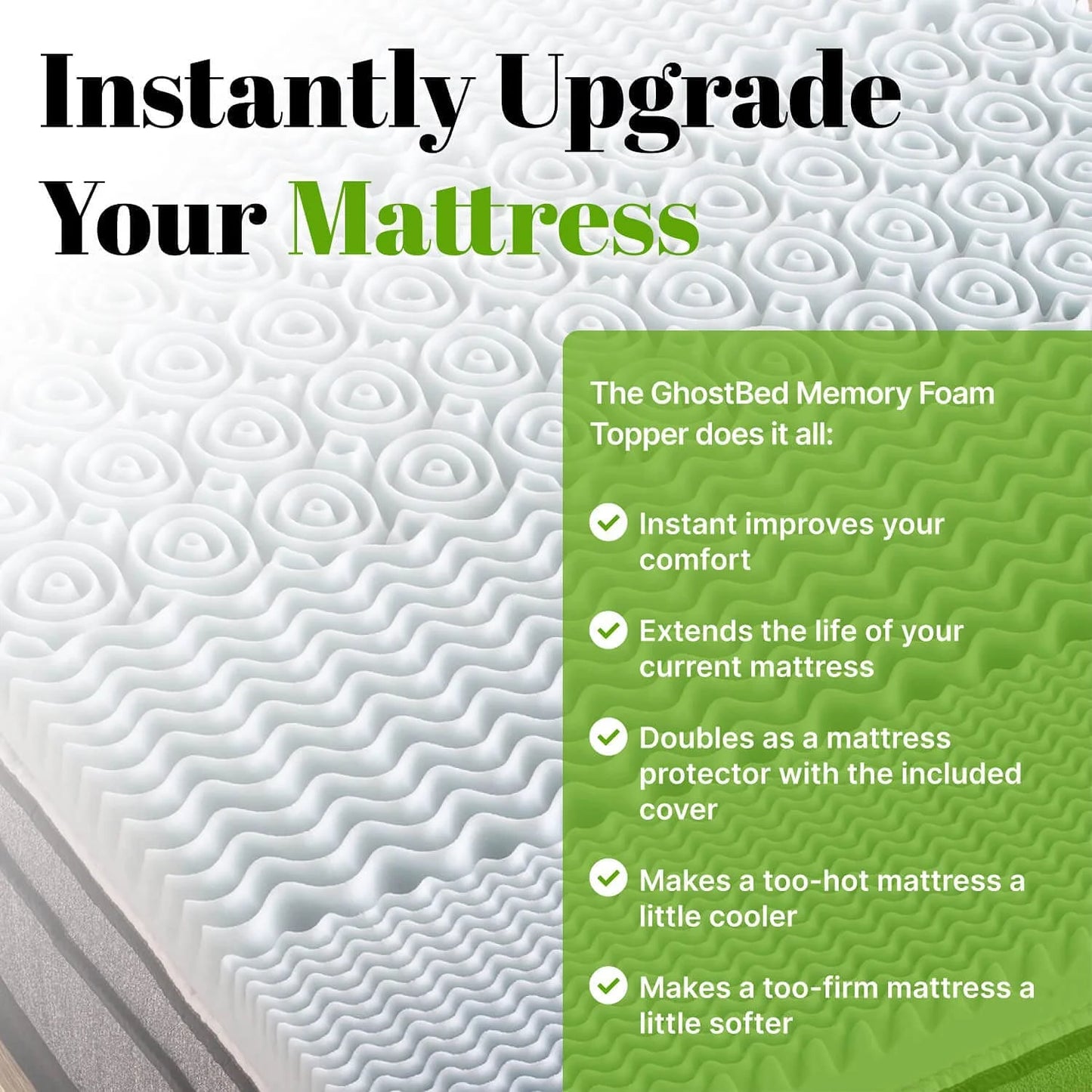 GhostBed 3 Inch Cooling Gel Memory Foam Mattress Topper - Waterproof Cover, Protector & Topper in One, Made in USA - Memory Foam Mattress Topper Queen