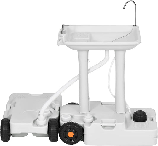 Portable Sink Camping 30 L with Rolling Wheels, Hand Washing Station with 30 L Sewage Tank, Rolling Wheels, Soap Dispenser, Towel Holder, Ideal for Outdoor, White