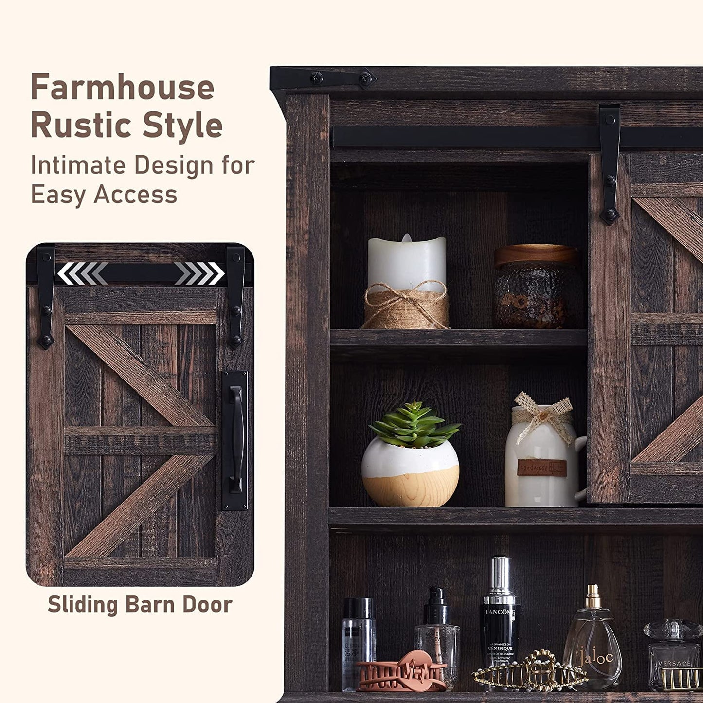 OKD Wall Storage Cabinet with Barn Door & 3 Shelves Farmhouse Wooden Bathroom Wall Mounted Medicine Cabinet Organizer Spacesaver for Kitchen Laundry Room Hotels Home, Light Rustic Oak