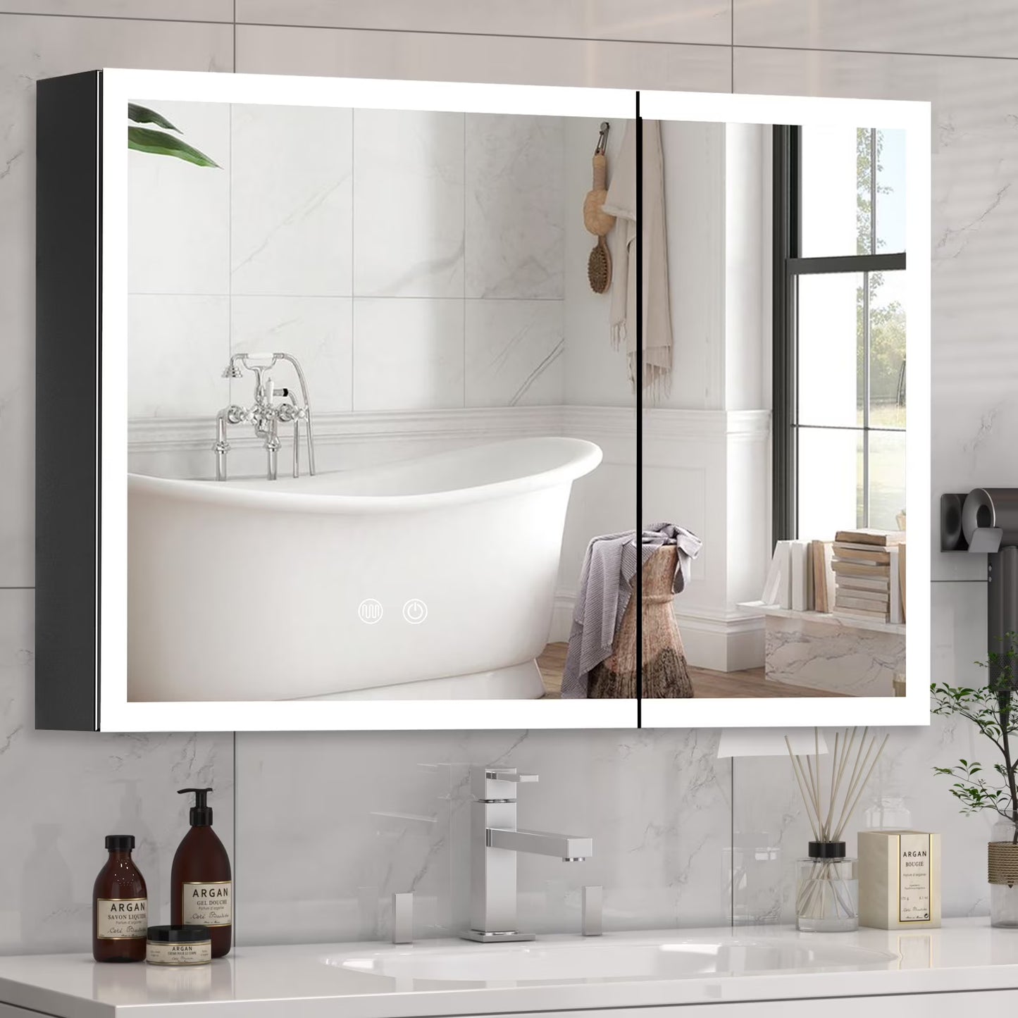 JBLCC LED Lighted Medicine Cabinet with Mirror, Wall Mounted Bathroom Cabinet with Touch Sensor, Anti-Fog, Black