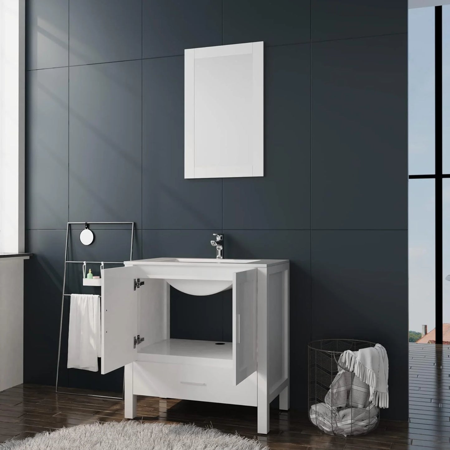 Goodyo 30" White Bathroom Vanity and Sink Combo Modern Drop in Sink Bathroom Cabinet with Mirror and Drain