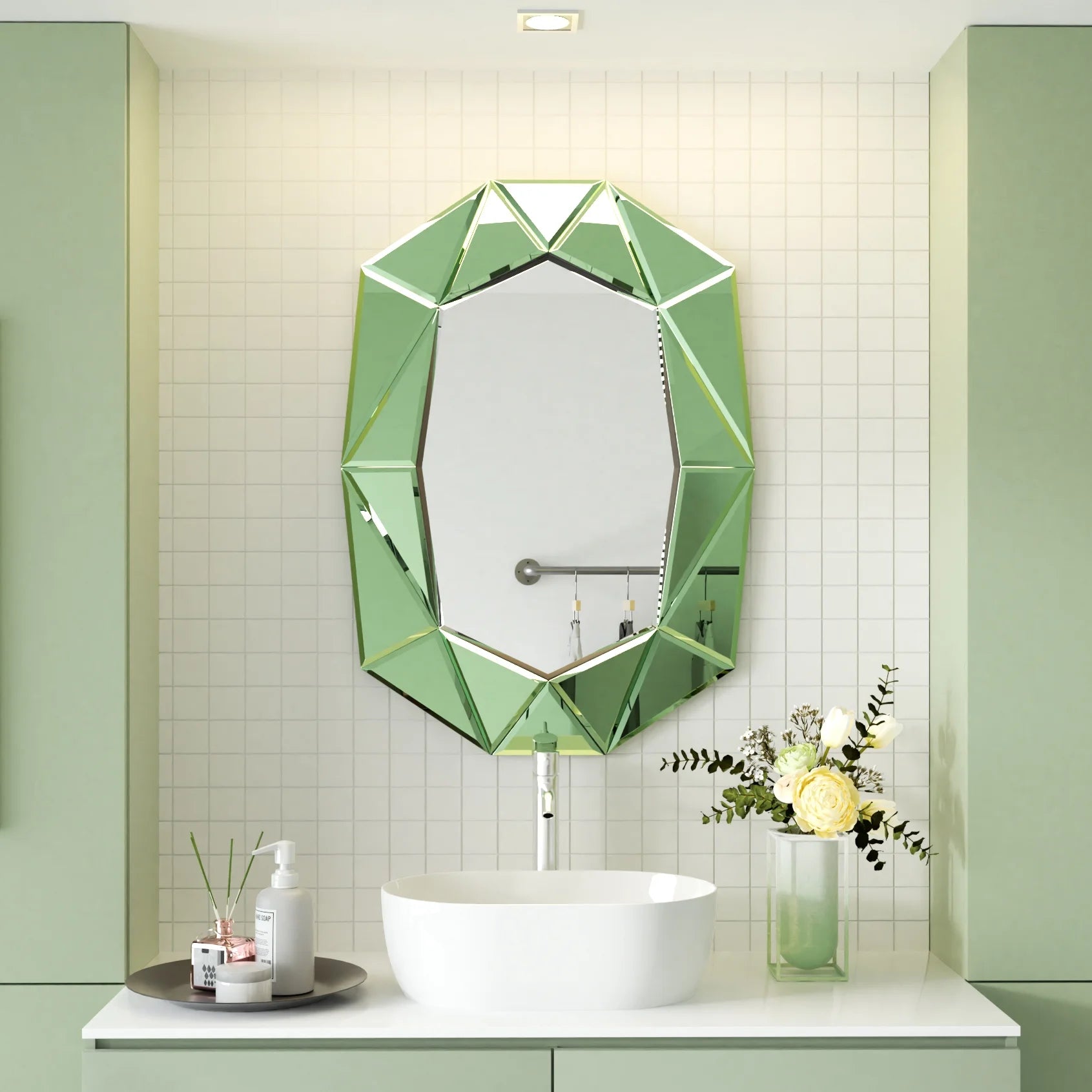 LUVODI Geometric Mirror Wall 28 x 39 inch Art Mirror Green 3D Glass Beveled for Bathroom Living Room