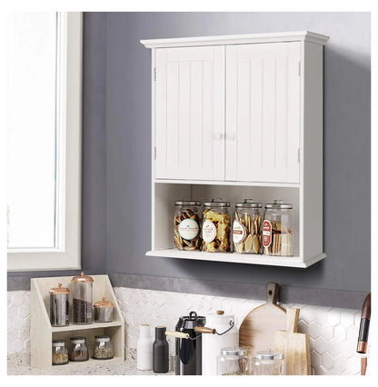 Ditangy Wall Mounted Bathroom Cabinet, Over The Toilet Storage Cabinet w/Double Doors & Adjustable Shelf, Wood Hanging Medicine Cabinet for Living Room, Entryway, Kitchen (White)