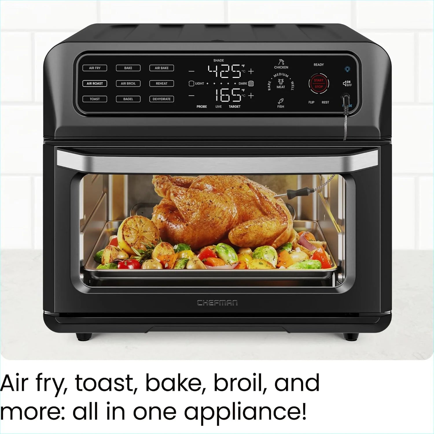 Chefman 12-in-1 Air Fryer Oven Combo w/Probe Thermometer, 20 Qt Capacity - Black Stainless Steel, New
