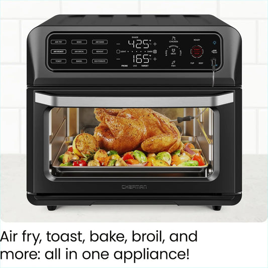 Chefman 12-in-1 Air Fryer Oven Combo w/Probe Thermometer, 20 Qt Capacity - Black Stainless Steel, New