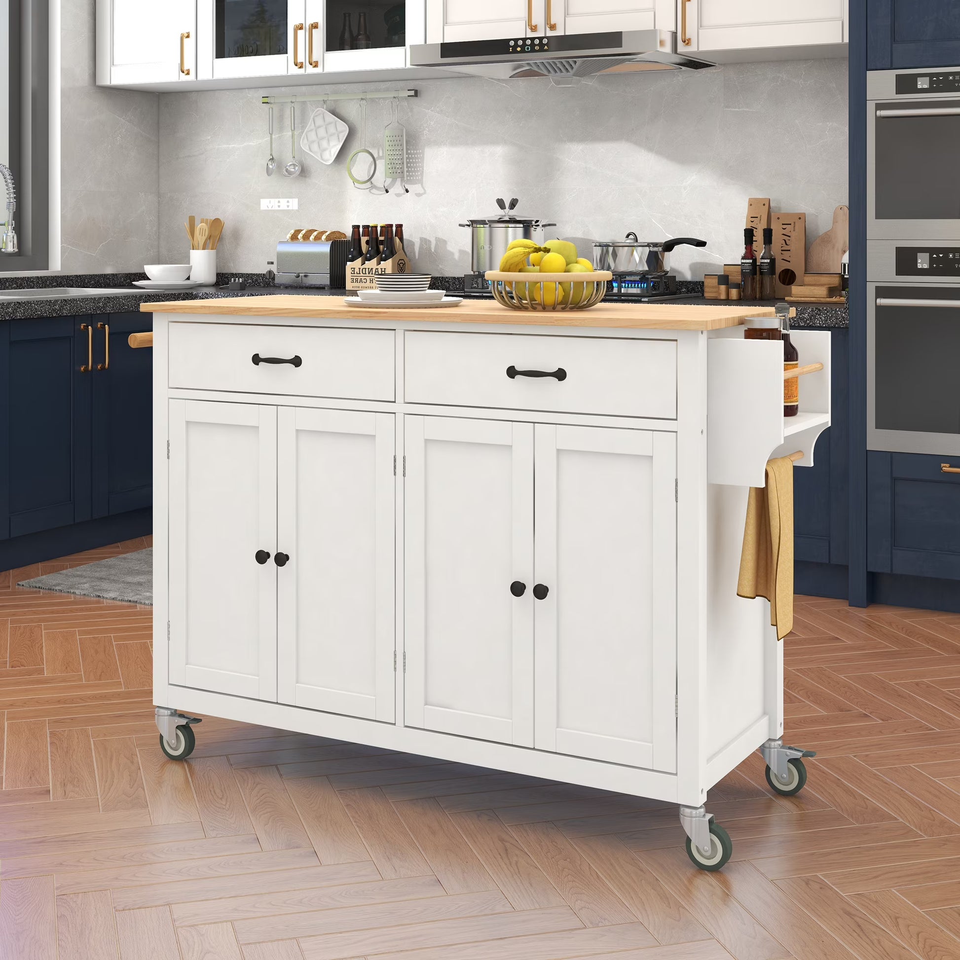 Aukfa Rolling Kitchen Island Cart with Storage Towel Racks & 4 Door Cabinet, White