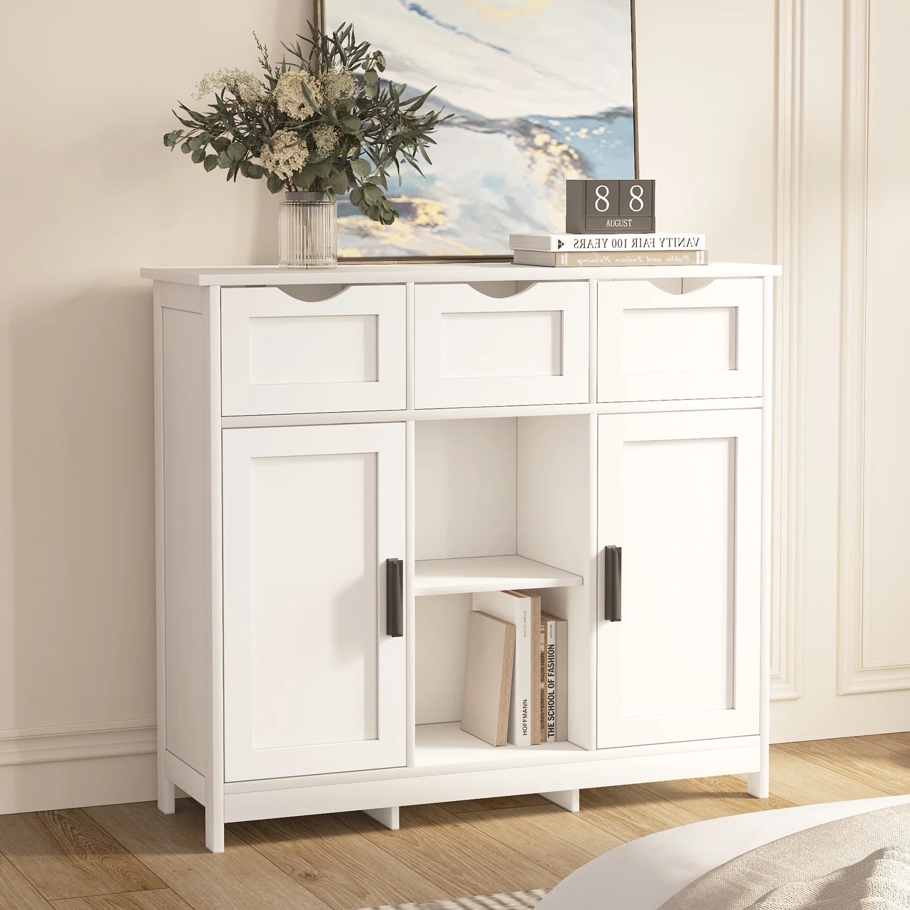 PORKISS White Floor Storage Cabinet, Wood Accent Cabinet with Drawers and Adjustable Shelves Storage, Modern Pantry Cabinet for Kitchen, Bathroom, Living Room