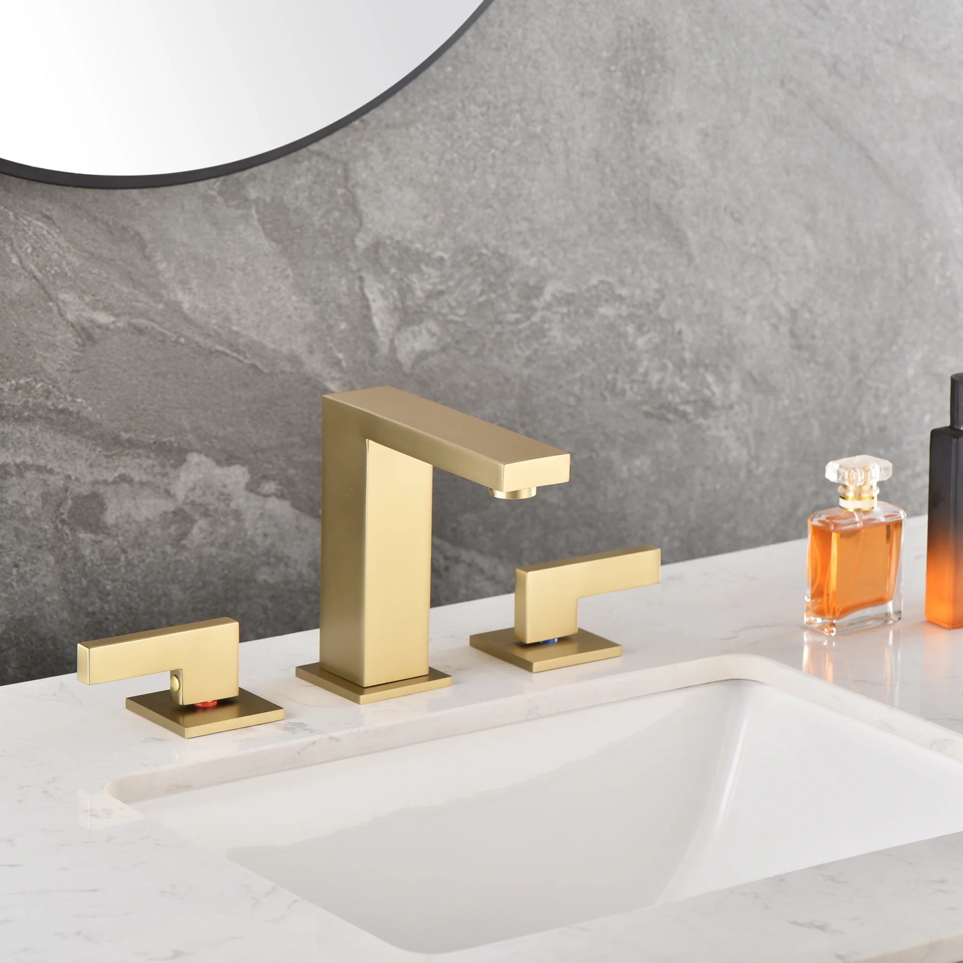 sumerain Brushed Gold 8 Inch Widespread Bathroom Faucet 2 Handle Lavatory Faucet Solid Brass, with Quick Connect Hose