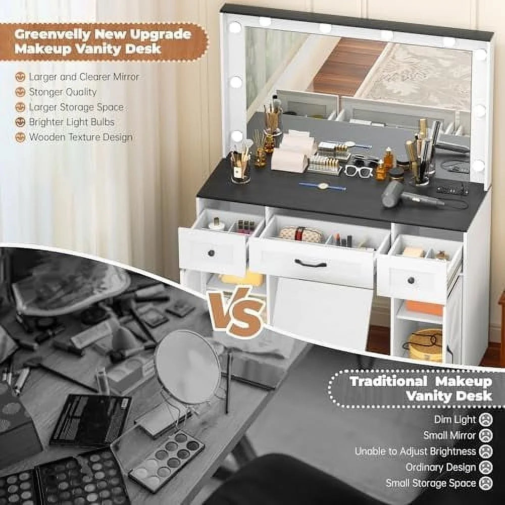 Vanity Table Set with Lighted Mirror,Makeup Dressing Table with 10 Light Bulbs and Touch Switch, 2 Large Drawers and Cushioned Stool for Women Girls Fit Bedroom, Bathroom (White)