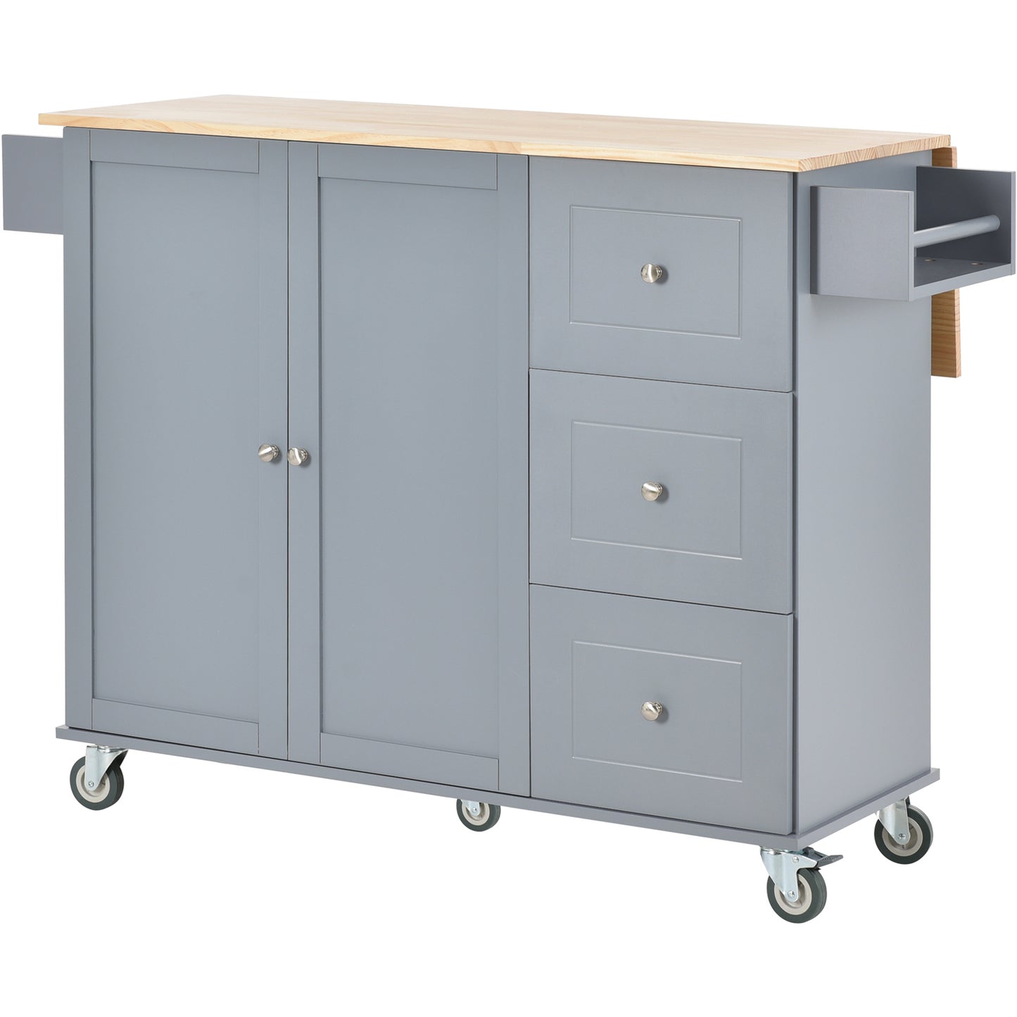 Kitchen Island Cart with Foldable Drop-Leaf Tabletop and Locking Wheels, 52.7" Rolling Kitchen Island Cart with 2 Door Cabinet and 3 Storage Drawers, Spice Rack and Towel Rack, Grey Blue
