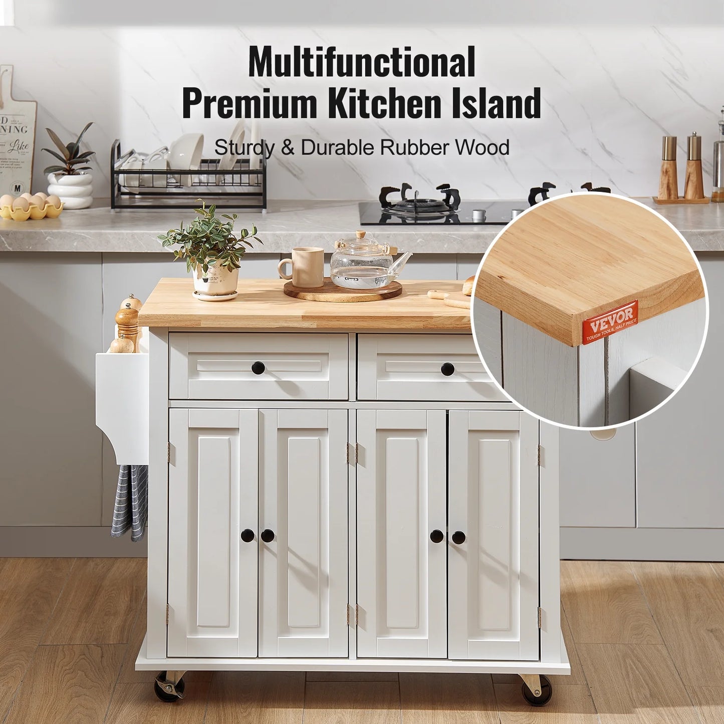 BENTISM 35.4" Kitchen Island on Wheels Cart Rubber Solid Wood Countertop Rolling Storage Cabinet with 2 Drawers & Spice Rack & Towel Holder, White